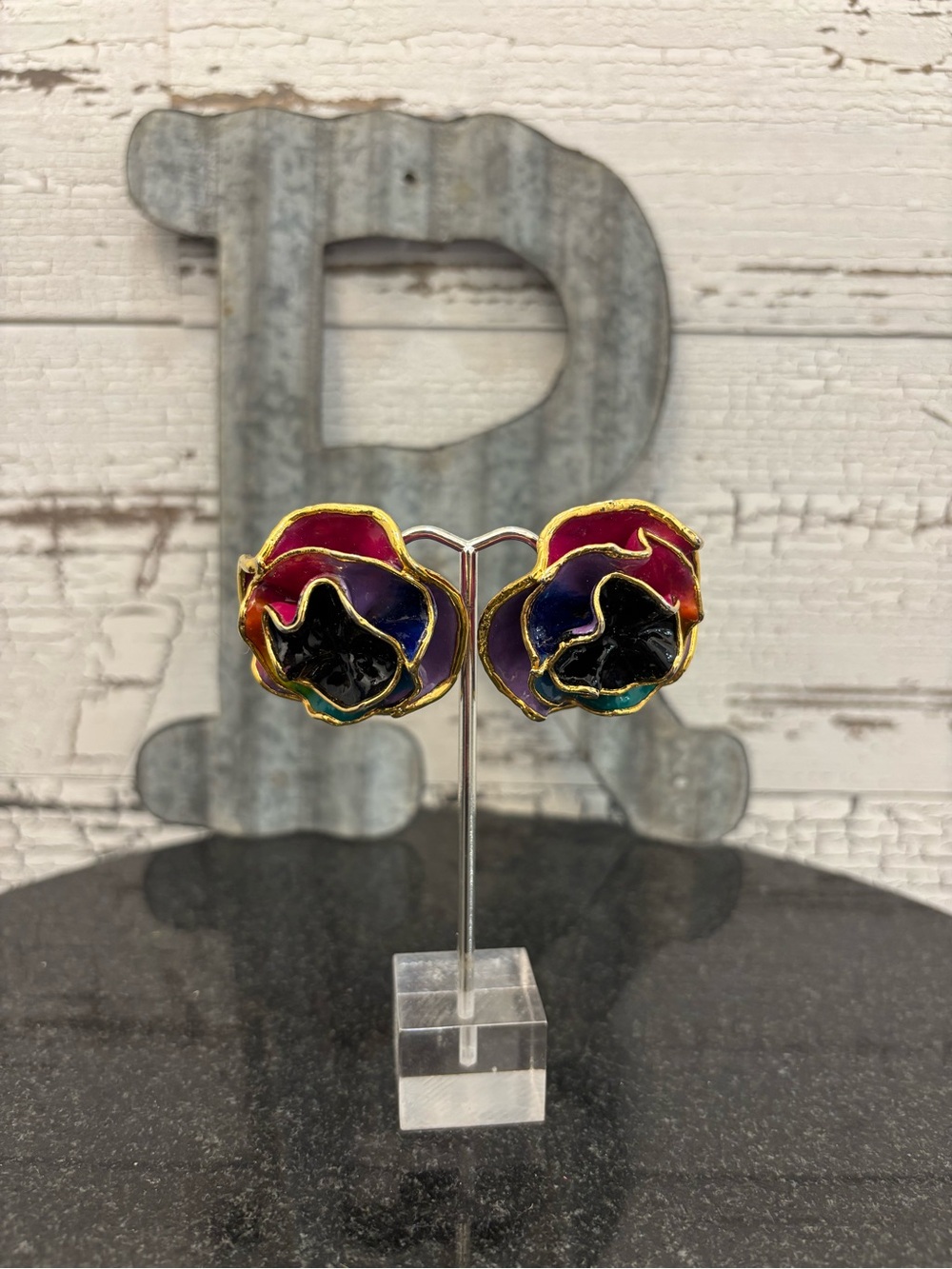 Amy Lacombe Vintage Multicolor Enamel Floral Clip-On Earrings with Gold Accents